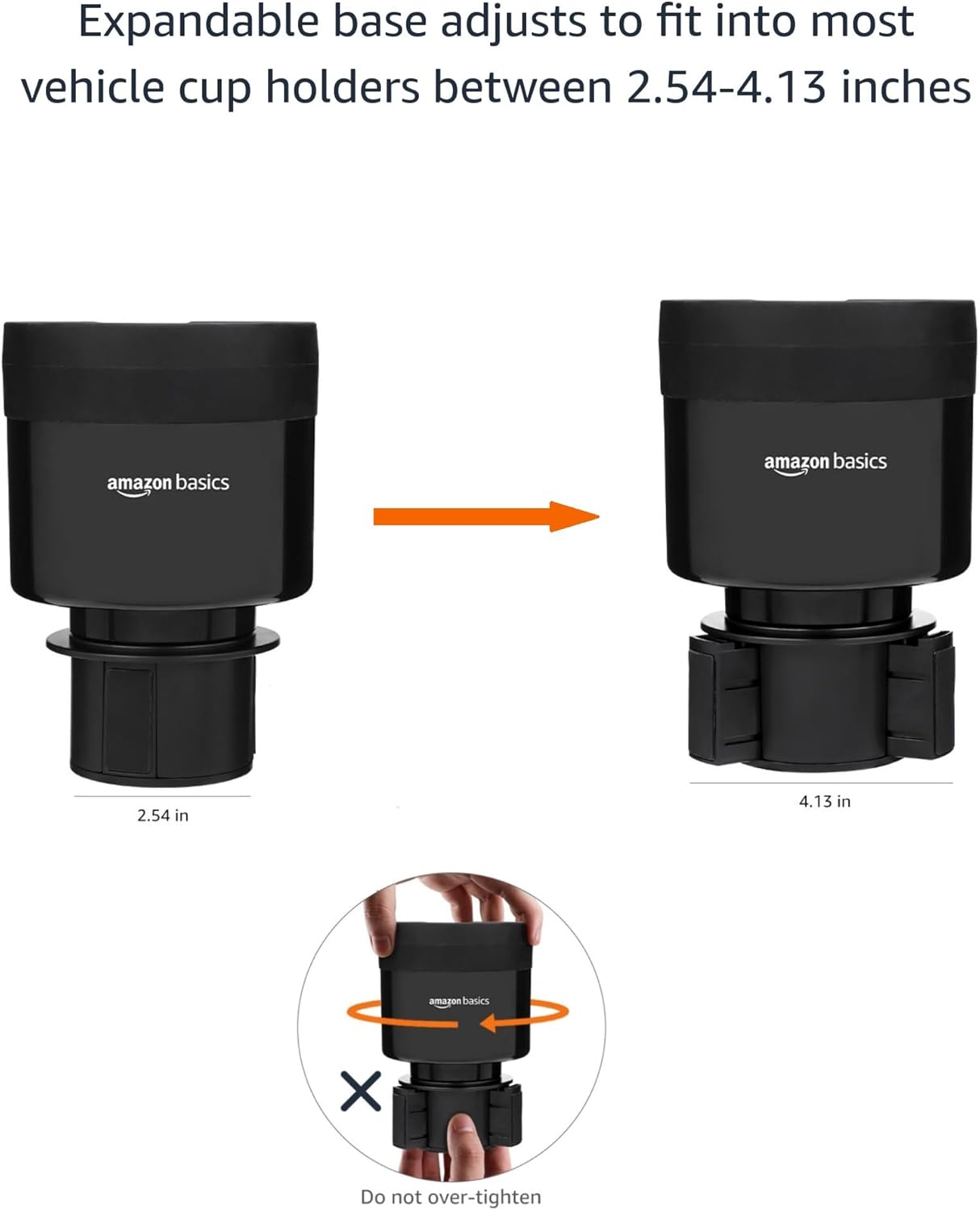 Amazon Basics Car Cup Holder Expander with Adjustable Base, Securely Holds Large Bottles 3.4 to 3.8 in Diameter, Compatible with Yeti, Hydro Flask, Easy Installation, Black