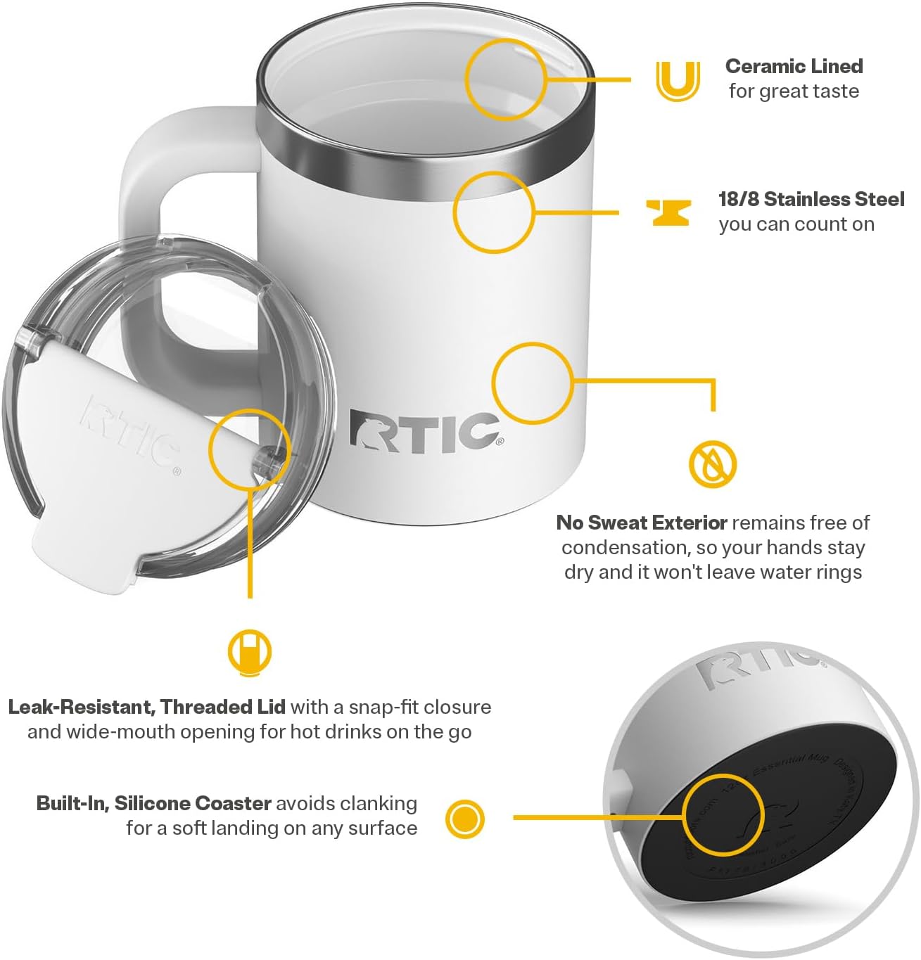 RTIC 12oz Essential Mug with Lid and Handle, Ceramic Lined, Insulated, Stainless Steel, Metal, Double Wall Vacuum-Insulation, Portable, Travel Cup for Hot and Cold Drink, Beach
