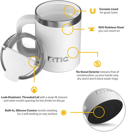 RTIC 12oz Essential Mug with Lid and Handle, Ceramic Lined, Insulated, Stainless Steel, Metal, Double Wall Vacuum-Insulation, Portable, Travel Cup for Hot and Cold Drink, Beach