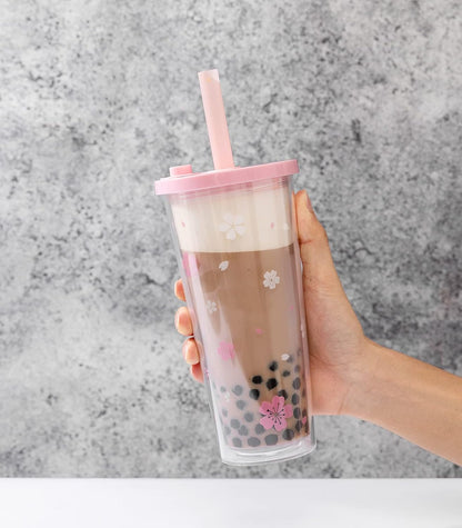 Reusable Plastic Boba Cup With Lids And Straws, 24Oz/700ml Smoothie Cups, Iced Coffee Cup, Leakproof Kawaii Cup, Boba Tumbler With Boba Reusable Straw,Double Wall Clear Bubble Tea Cup