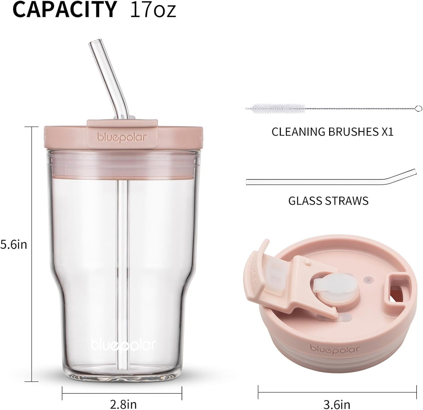 BLUEPOLAR 16oz/480ml Iced Coffee Cups With Lids And Straws,Reusable Leakproof Glass Tumbler,Water Bottles,Cold Brew,Drinking Jars For Juicing,Matcha,Tea,Smoothie For Travel,Office (Off-White)