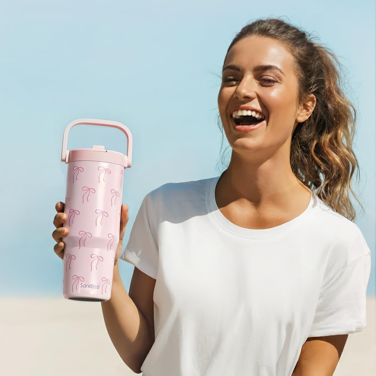 SANDJEST Leopard Skin Stainless Steel Straw Lid Tumbler 30oz with Carry Handle for Women Girls, Insulated Travel Coffee Cup, Gift for Sports Outdoor Workout Christmas Birthday (Beige)