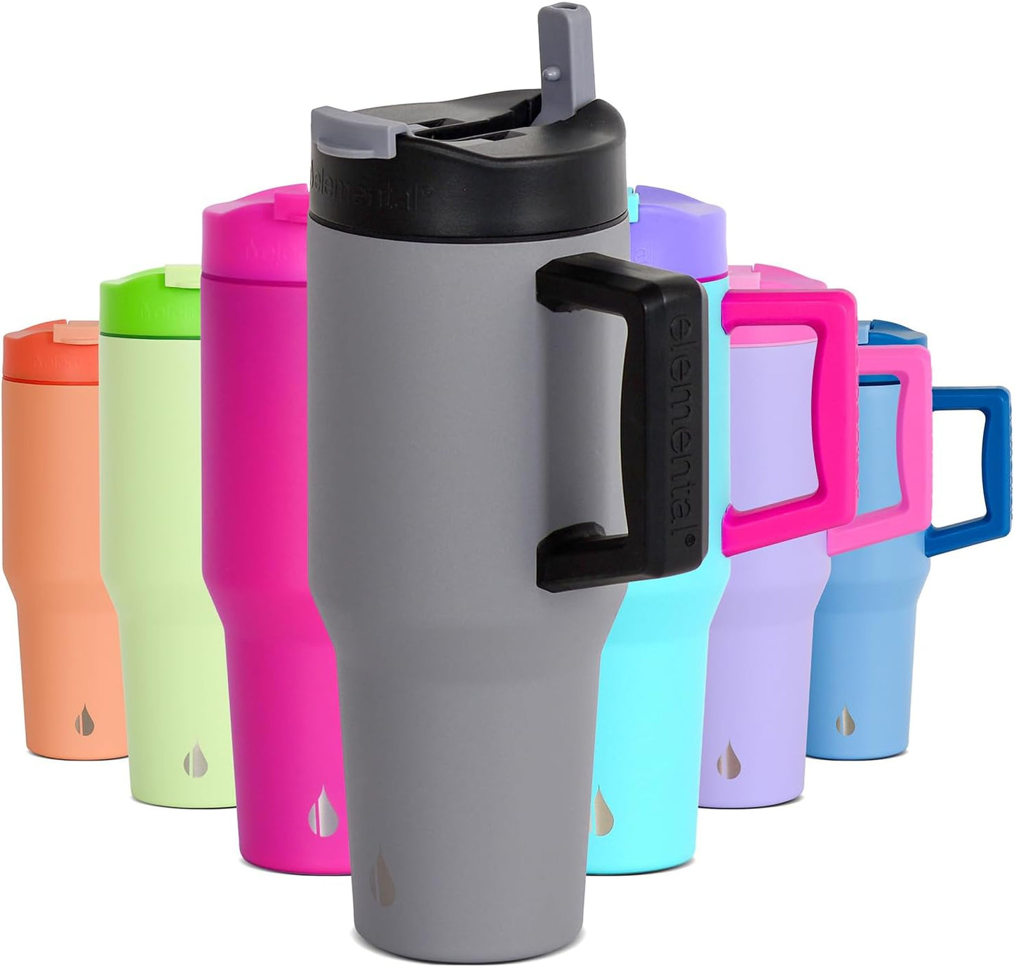 Elemental 32 oz 100% Leak Proof Tumbler with Handle & Straw - Stainless Steel Double Wall Insulated Tumbler for Hot and Cold Beverages - Travel Coffee Mug with Sip & Straw Lid - White - Colors A