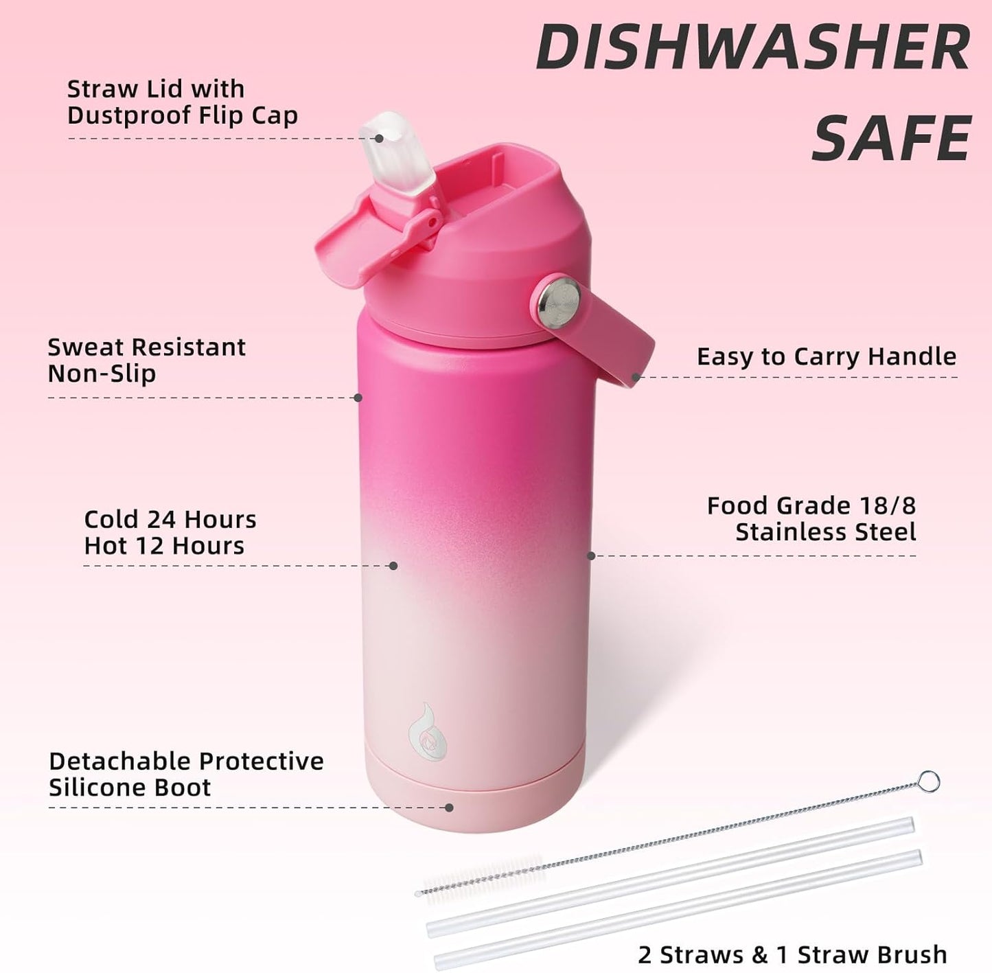 BJPKPK Insulated Water Bottle with Straw Lid, 18oz Thermo Water Bottles with Soft Nozzle, Flex Handle & Non-slip Boot, BPA Free Leak Proof Stainless Steel Metal Thermo, Tumblers, Cups,Sea Salt