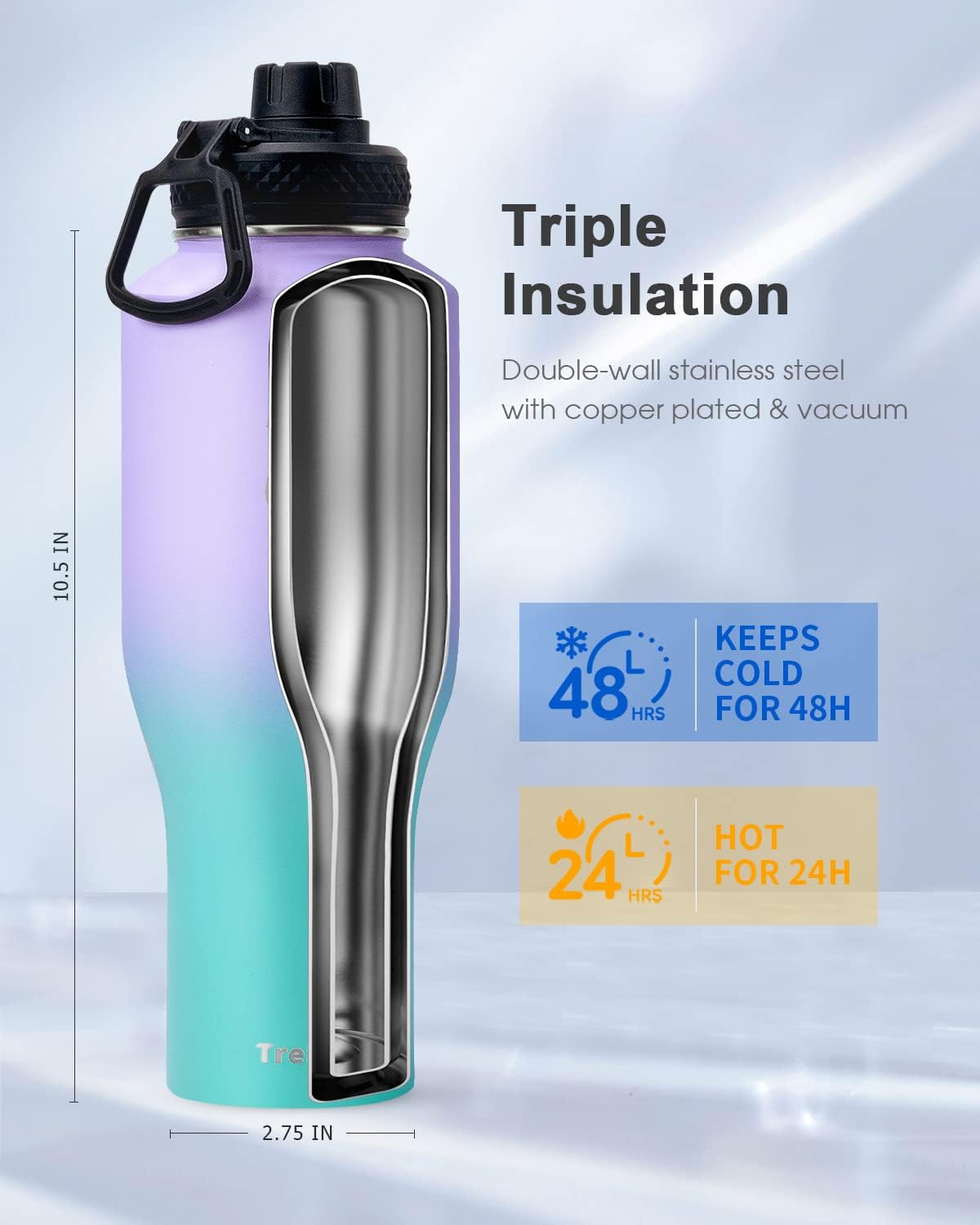 Trebo 40 oz Water Bottle Insulated Fit Car Cup Holder with Handle, Stainless Steel Water Bottles Tumbler with Spout Straw Lids, Double Wall Travel Reusable Flask, Leakproof Mug,Keep Cold &Hot,Black
