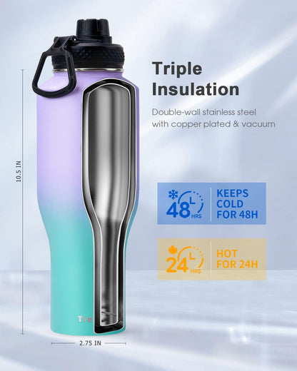 Trebo 40 oz Water Bottle Insulated Fit Car Cup Holder with Handle, Stainless Steel Water Bottles Tumbler with Spout Straw Lids, Double Wall Travel Reusable Flask, Leakproof Mug,Keep Cold &Hot,Black