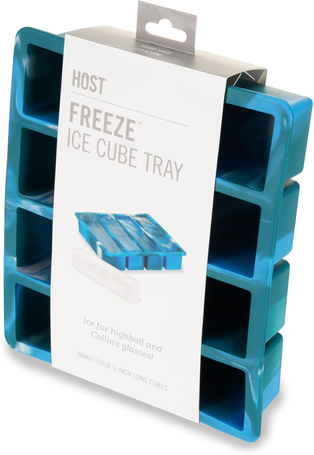 Host Ice Cube Tray, Makes Four 5-Inch Long Cubes, Durable Silicone Trays with Easy Release Design, Perfect for Water Bottles and Highball Glasses, Home Bar Accessories, Set of 1, Marble