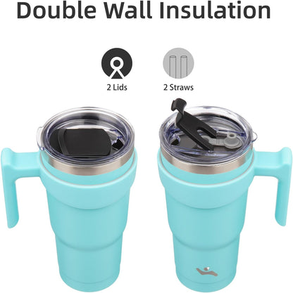 Konokyo 20 oz Tumbler with Handle and 2 Straw 2 Lid, Insulated Water Bottle Stainless Steel Vacuum Cup Reusable Travel Mug,Black