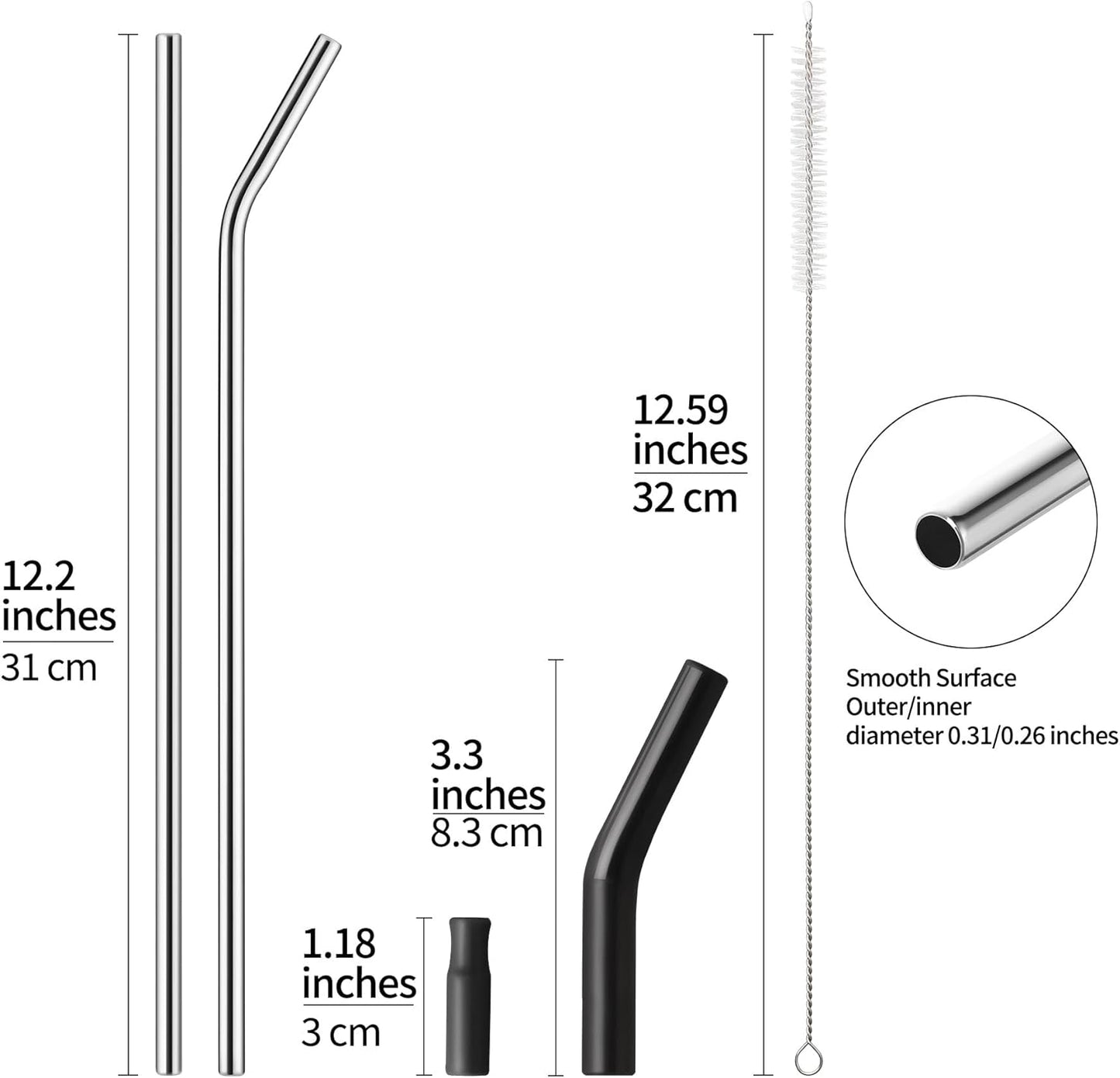 6 Packs Reusable Stainless Steel Straws with Silicone Tips and Travel Case, Long Metal Drinking Replacement Straws for Stanley Cup 40 oz Tumbler, 2 Cleaning Brushes Included, 3 Bent