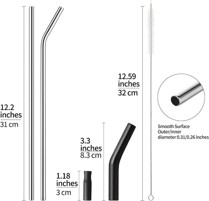 6 Packs Reusable Stainless Steel Straws with Silicone Tips and Travel Case, Long Metal Drinking Replacement Straws for Stanley Cup 40 oz Tumbler, 2 Cleaning Brushes Included, 3 Bent