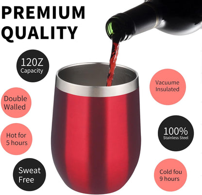 12oz/4 Pack Wine Tumbler Glasses with Lid Stemless Double Wall Vacuum Stainless Steel Travel Tumbler Keeping Cold & Hot for Wine,Coffee,Cocktails,Drinks-Family and Gifts (Multi color-dark)