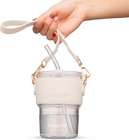 BLUEPOLAR 13oz/400ml Glass Water Tumbler with Straw and Lid Sealed Carry On Thick Wall Iced Coffee Cup Glass Cup for Water, Iced Tea Fruit Juice Etc (White-2Pack)