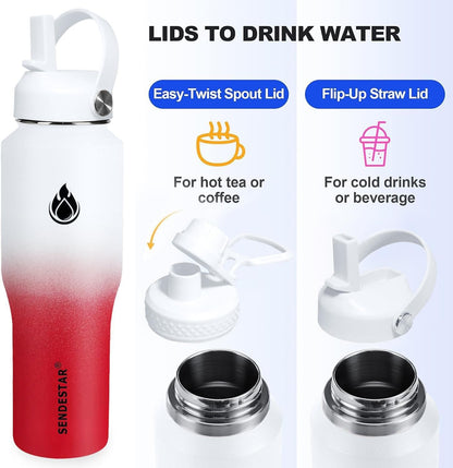 SENDESTAR 40oz Water Bottle Wide Mouth Stainless Steel Vacuum Insulated Double Wall with Straw Lids Fit in Any Car Cup Holder
