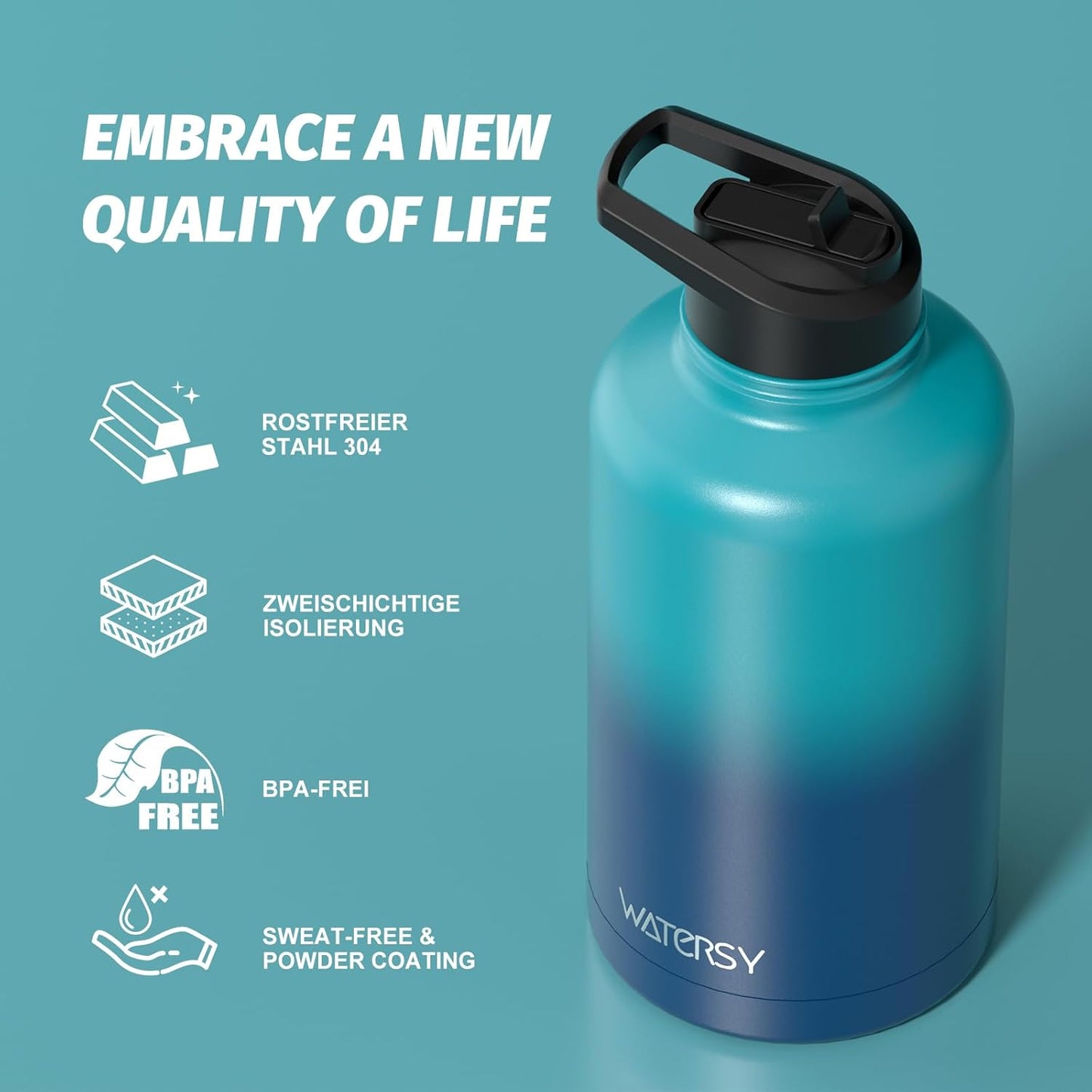40oz Insulated Water Bottle (Cold for 48 Hrs),BPA Free&Leak Proof,Stainless Steel Water Flask,Water Jug with Straw Spout Lids for Gym,Hiking,Travel,Black Blue