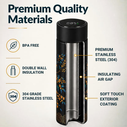 Farasi Tea Infuser for Loose Leaf Tea Smart Water Bottle with Temperature Display, Stainless Steel Insulated Coffee and Fruit Tea Infuser Bottle - Green Floral Travel Tea Mugs 15 oz