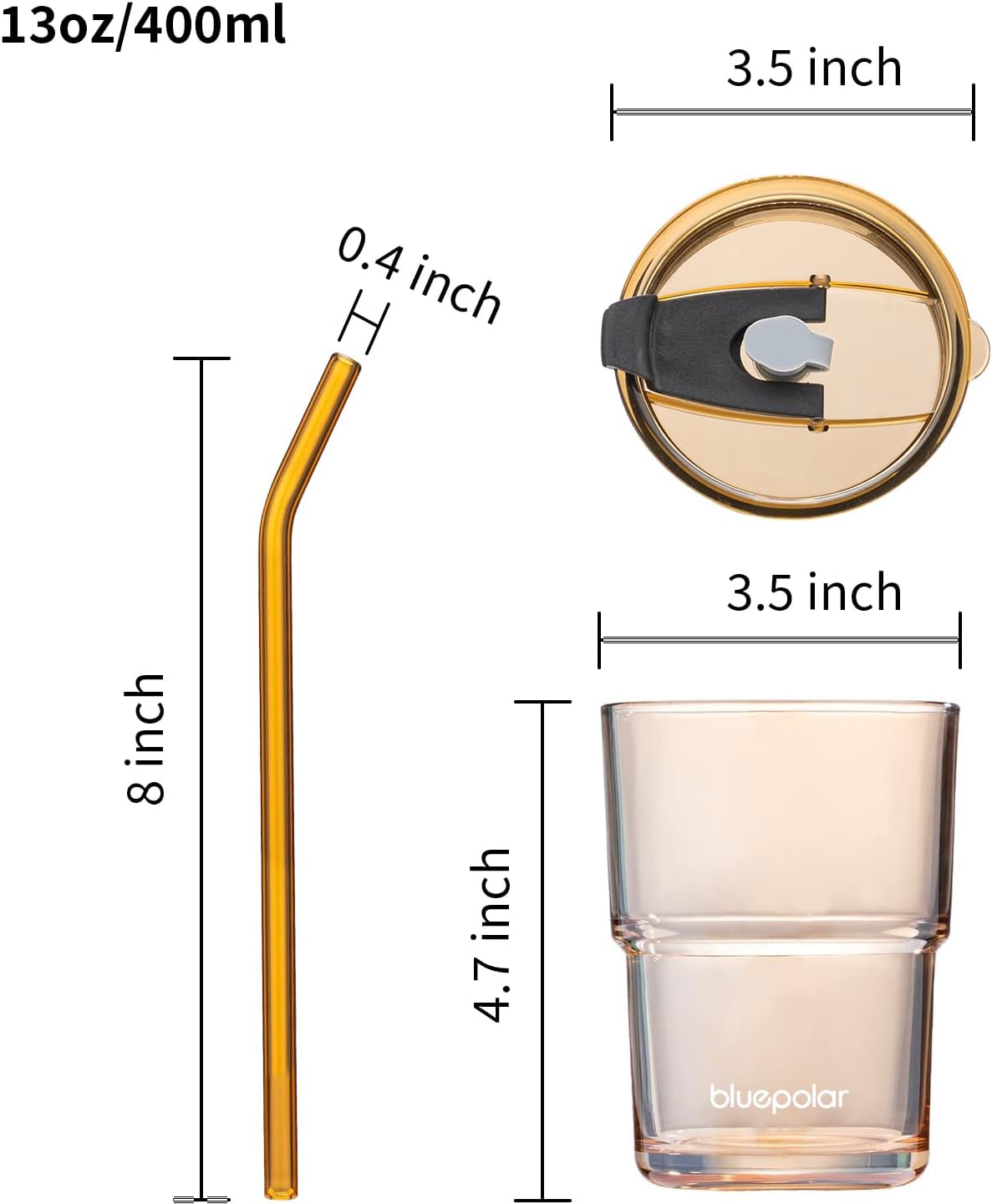BLUEPOLAR 13oz/400ml Glass Water Tumbler with Straw and Lid Sealed Carry On Thick Wall Iced Coffee Cup Glass Cup for Water, Iced Tea Fruit Juice Etc (White-2Pack)