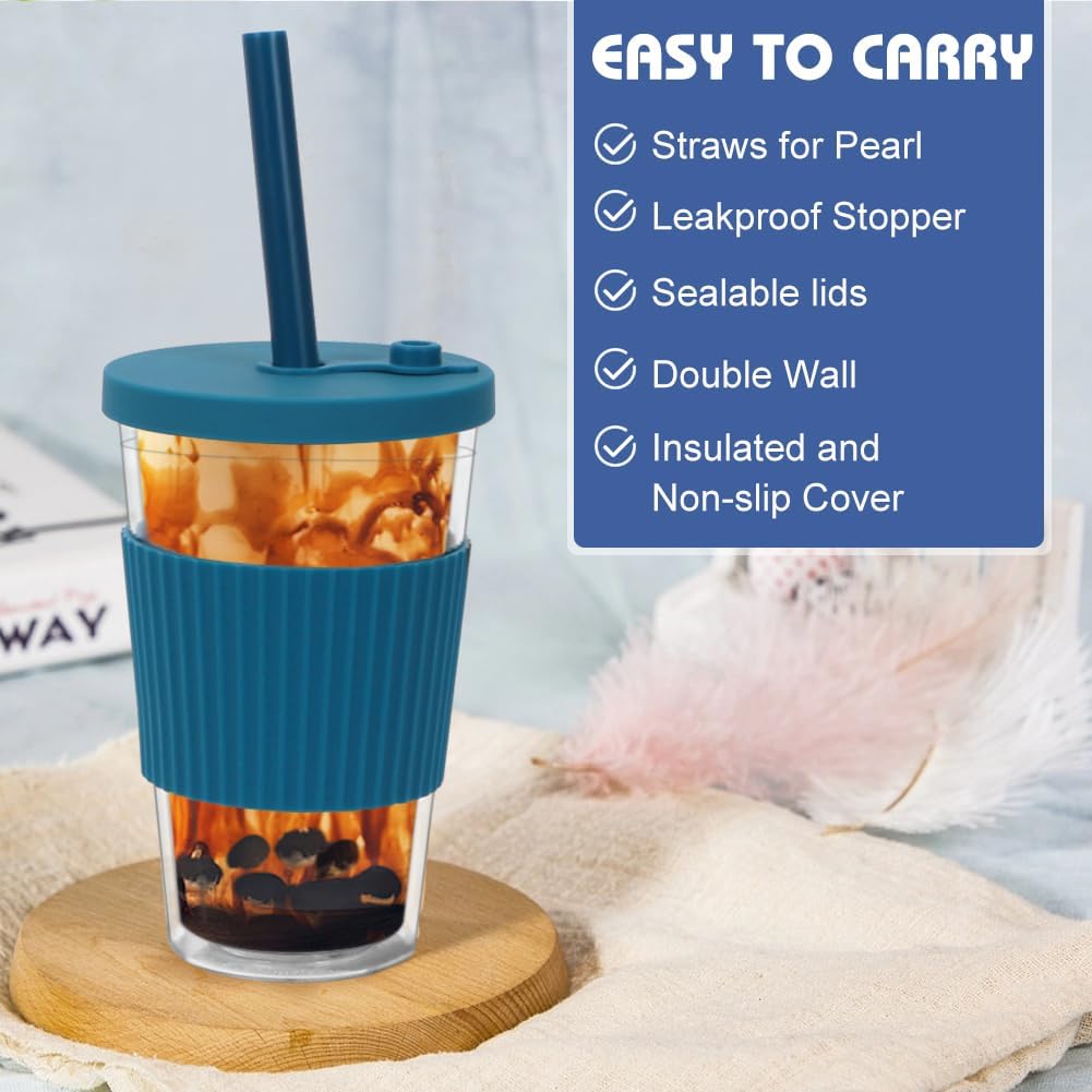2 Pack Reusable Boba Cups, 17oz Iced Coffee With Straw and Lid, Leakproof Clear Plastic Tumbler, Double Wall Insulated Smoothie Cup, Pastel Violet and Cornflower Blue