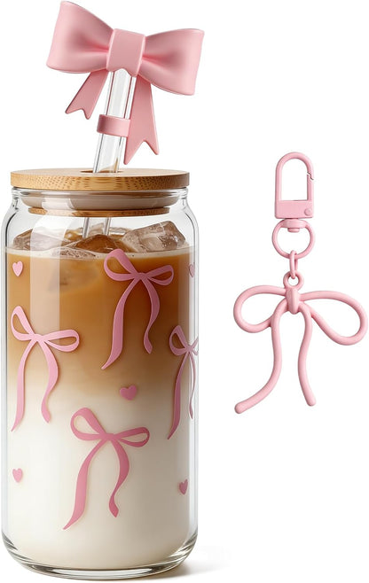 Mason Life Matcha Cup, 18 OZ Cute Glass with Lid and Straw, Matcha Drinking Cup Beer Can Glass for Valentines Day Gift Iced Coffee Smoothie Cocktail Milk Mother's Gifts