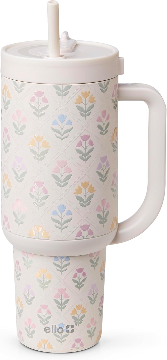 Ello Oasis 40 oz Tumbler with Handle & Retracting Straw | Reusable Insulated Stainless Steel Cup 100% Leakproof, Gifts for Teens Women Men | Keeps cold for 24 Hours, Cup Holder Friendly, Daisies