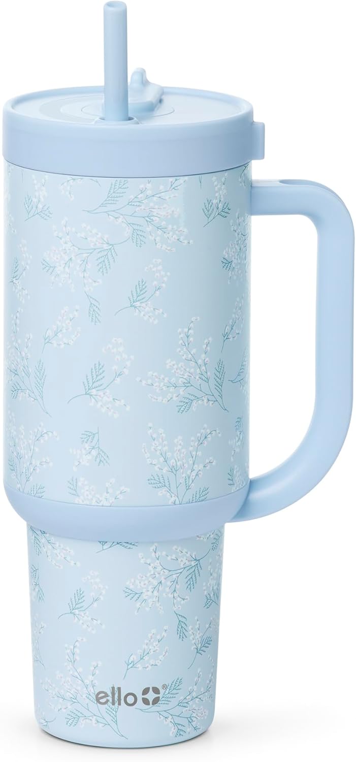 Ello Oasis 40 oz Tumbler with Handle & Retracting Straw | Reusable Insulated Stainless Steel Cup 100% Leakproof, Gifts for Teens Women Men | Keeps cold for 24 Hours, Cup Holder Friendly, Daisies