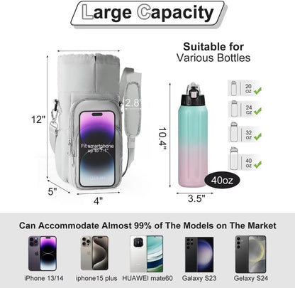 Water Bottle Holder with Strap, 4 Big Pockets with Compartment, 24oz/32oz/40oz Crossbody Water Bottle Carrier Bag