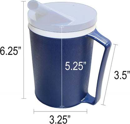 Rehabilitation Advantage Insulated Blue Mug 2-Pack – 12 oz Adaptive Mugs with Easy-Grip Handles, Spill-Resistant Snorkel Lids, Durable Lightweight Plastic for Hot/Cold Drinks & Limited Hand Strength