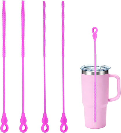 Silicone Straw Cleaner Brush, 4Pcs Reusable Straw Brush Set with Extra-Long Design for Cleaning Thin Metal Straws and Wider Milkshake Straws （6mm+9mm Pink)