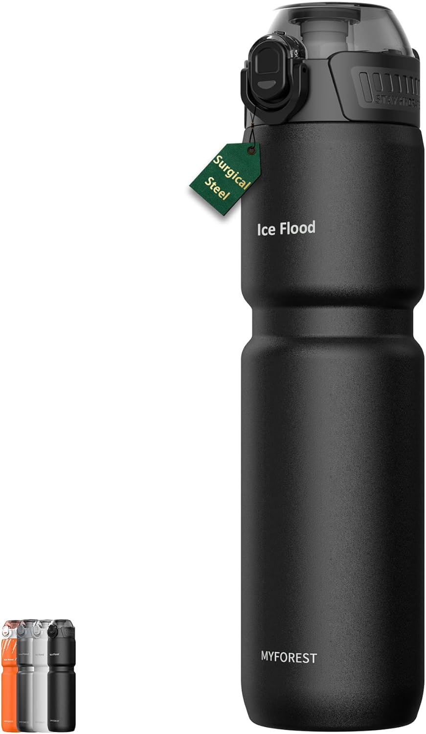 MYFOREST 24oz/700ml Insulated Bike Water Bottle, Odor-Free Surgical Steel Liner, Stronger Grip for Rough Trails, Quick-Open Chug/Straw 2-in-1, Dirt Cap (Glossy Steel)