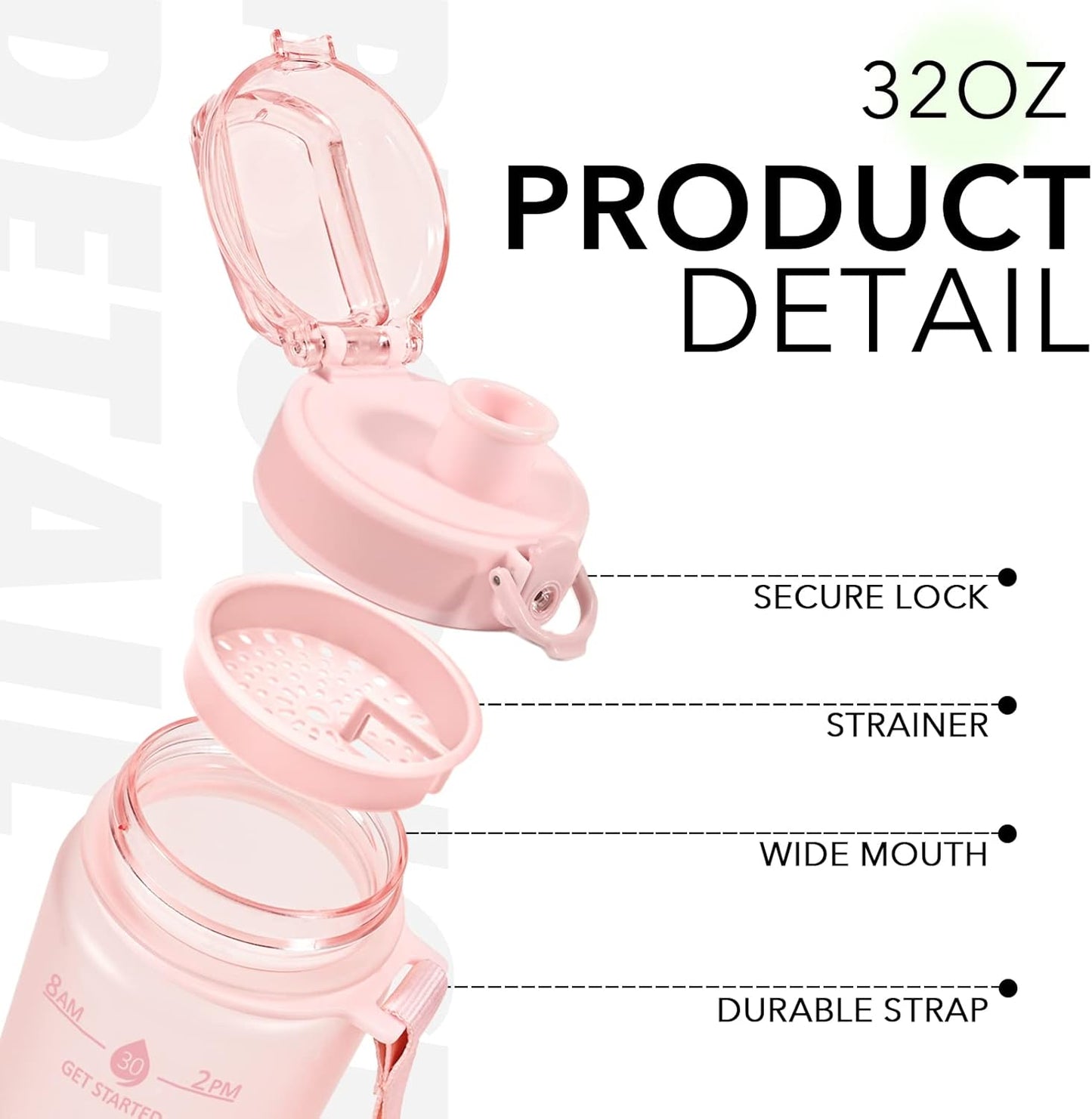 32oz Water Bottle with Time Marker, Motivational Drinking Bottle with Strap, BPA-Free Leak-Proof, Encouraging Water Bottle Time to Drink Water for Gym School Office Travel