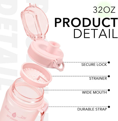 32oz Water Bottle with Time Marker, Motivational Drinking Bottle with Strap, BPA-Free Leak-Proof, Encouraging Water Bottle Time to Drink Water for Gym School Office Travel