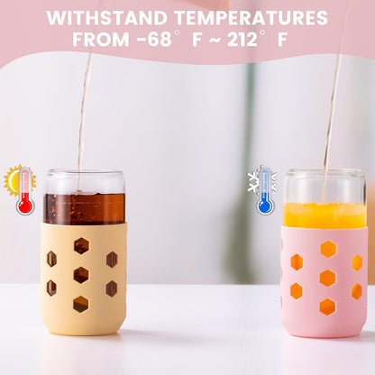 Mrsdry Glass Cups with Lids and Straws (4 Pcs), 16oz Drinking Glasses Set with Silicone Sleeves for Coffee Bar Accessories Iced Coffee Cups with Lids, Glass Tumbler Reusable for Gifts