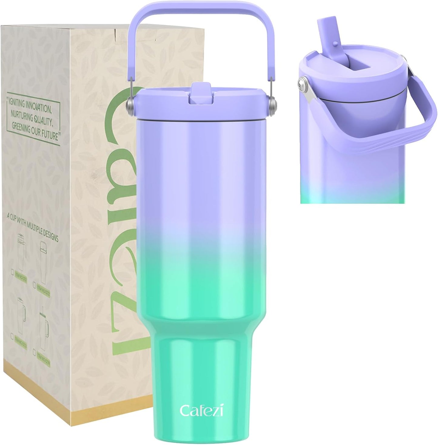 40 oz Insulated Tumbler with Top Handle and Flip Straw, Vacuum Insulated Stainless Steel Cup with Leak-Proof Lid, Sweat-Free, Fits Cup Holder, Keeps Ice Cold up to 30 Hours