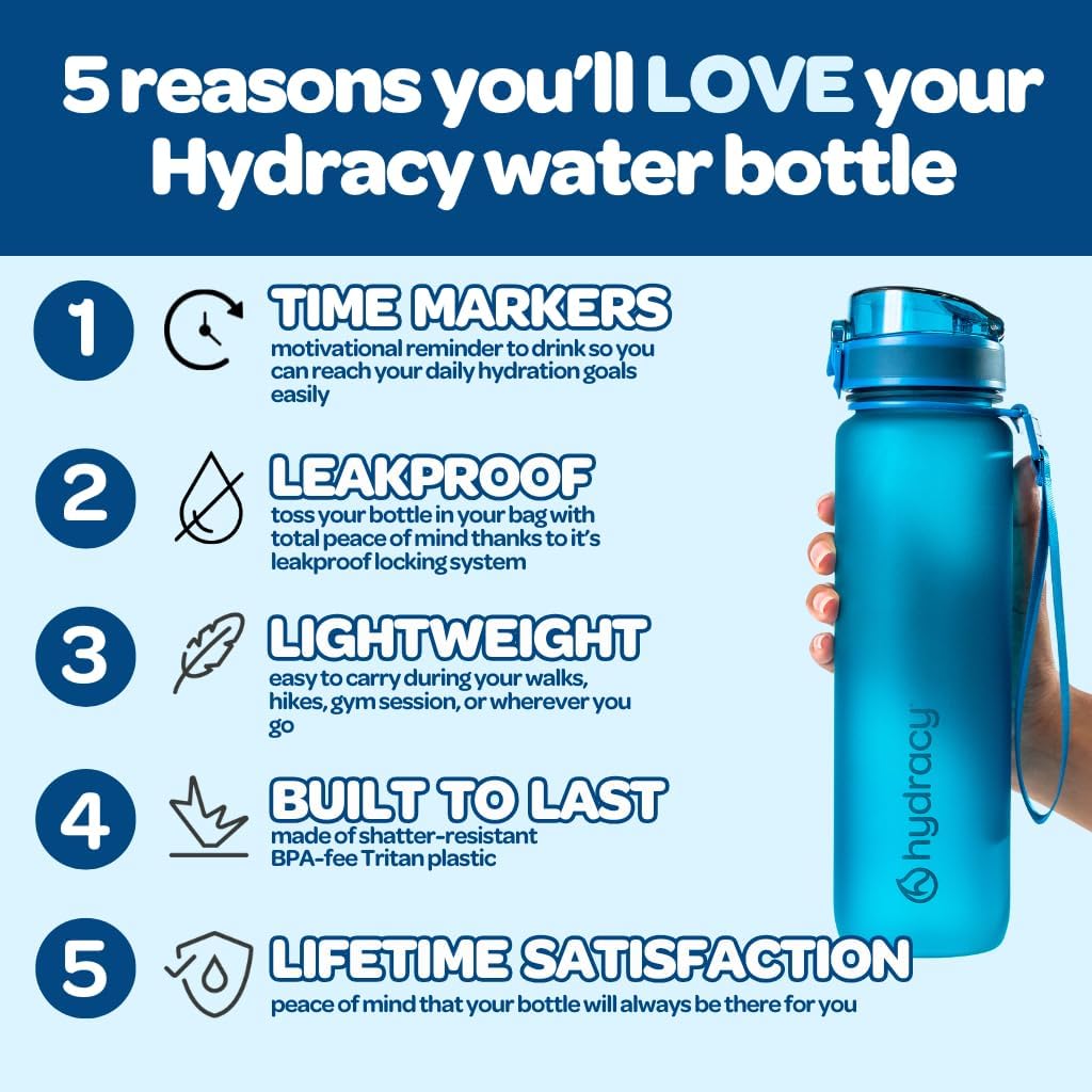 Hydracy Water Bottle with Time Marker -Large BPA Free Water Bottle & No Sweat Sleeve -Leak Proof Gym Bottle with Times to Drink - Ideal for Fitness Sports & Outdoors