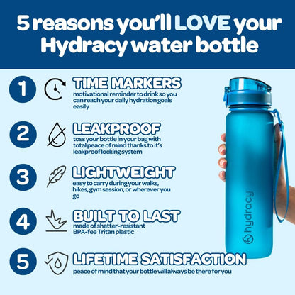 Hydracy Water Bottle with Time Marker -Large BPA Free Water Bottle & No Sweat Sleeve -Leak Proof Gym Bottle with Times to Drink - Ideal for Fitness Sports & Outdoors