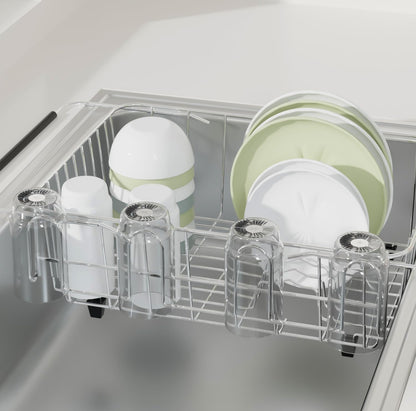 12 Inch Stainless Steel Cup Drying Rack with 4 Hooks, Kitchen Mug Holder Organizer for Glasses, Baby Bottles, Travel Mugs, Dishwasher Safe Kitchen Drainage Basket