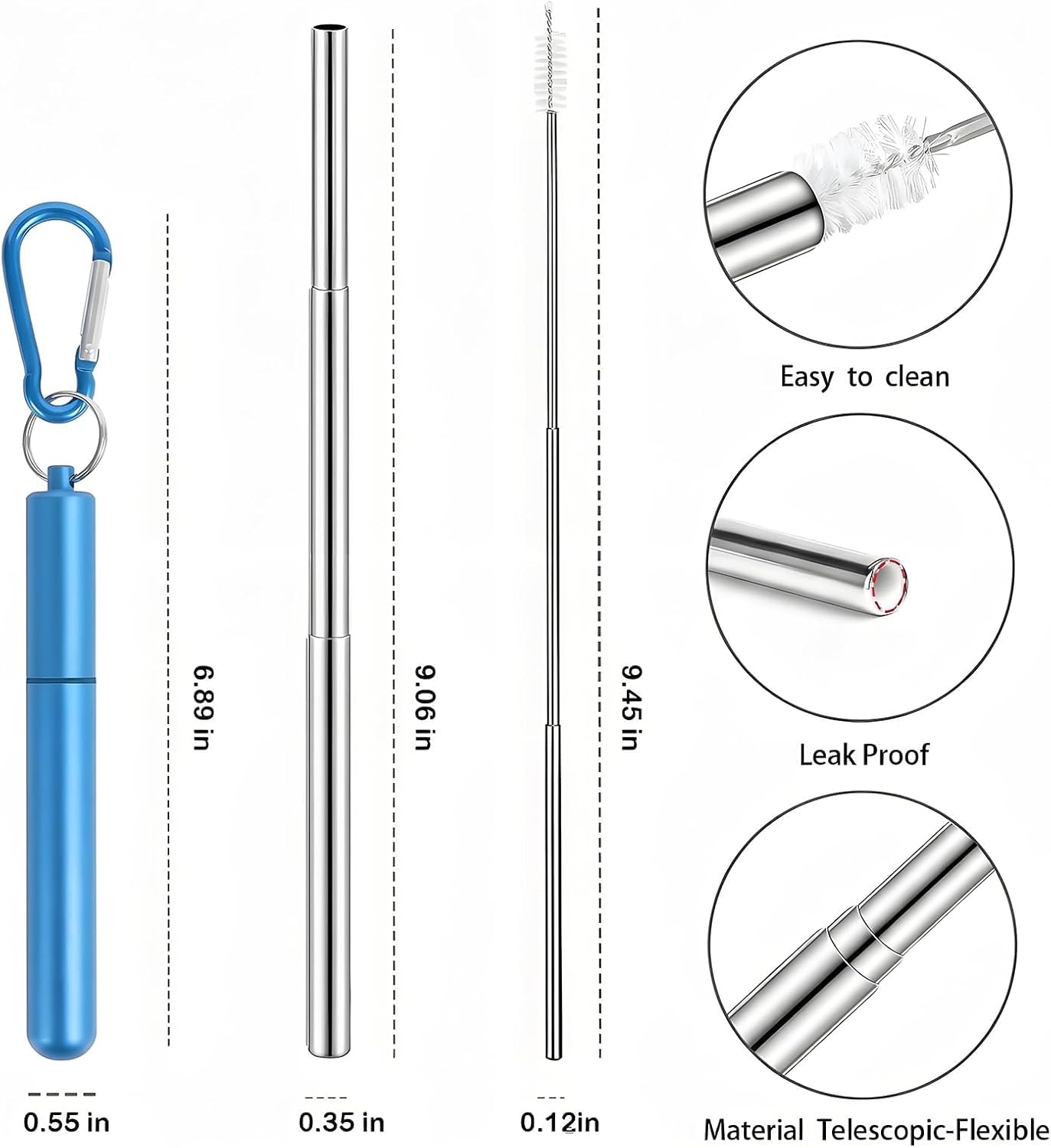 Collapsible Stainless Steel Drinking Straws with Aluminum Case, Cleaning Brush, and Keychains（Black+Silver）