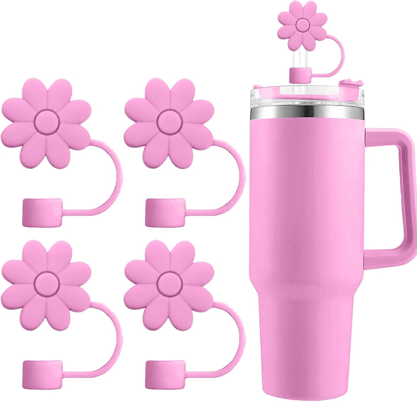 Flower Straw Covers Toppers for Stanley Cups 30&40 Oz Tumbler with Handle Accessories 4PCS Silicone Straw Caps Reusable Straws Tips Protectors for Stanley Cup 10mm 0.4in Straws,Off White