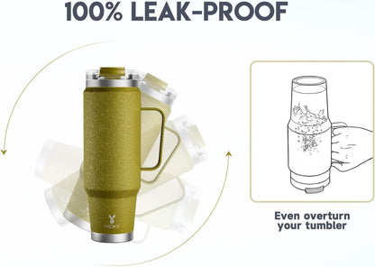 Meoky 32oz Tumbler with Handle, Stainless Steel Travel Mug with 2-in-1 Straw and Sip Lid, Vacuum Insulated Coffee Mug, 100% Leak Proof, Keeps Cold for 24 Hours or Hot for 8 Hours (Sky)