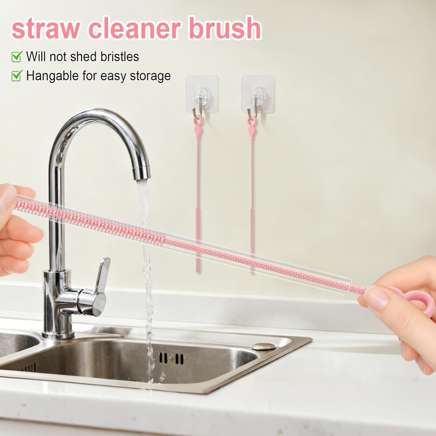 Silicone Straw Cleaner Brush, 4Pcs Reusable Straw Brush Set with Extra-Long Design for Cleaning Thin Metal Straws and Wider Milkshake Straws （6mm+9mm Pink)