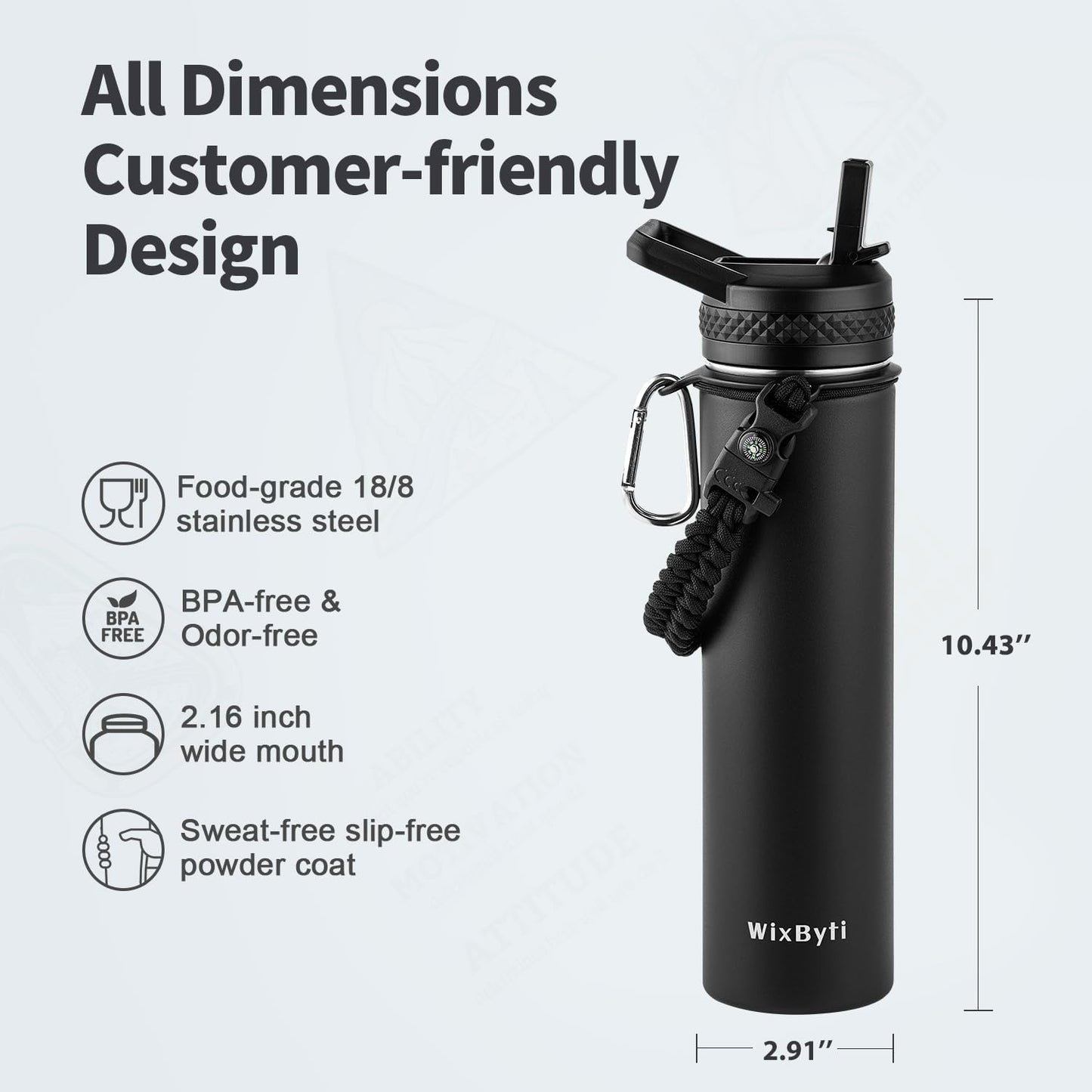 WixByti 40 oz Insulated Water Bottle with Straw (Cold for 36 Hrs), Stainless Steel Triple Wall Vacuum Sports Water Jug, Leakproof Hydro Cup Flask with Paracord Handle & Straw Spout Lids & DIY Stickers