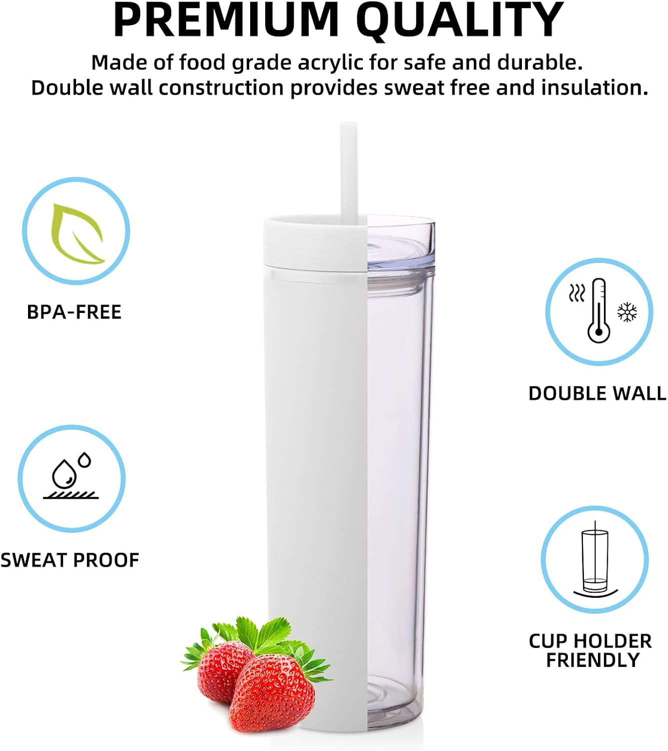 Volhoply 20oz Plastic Skinny Tumbler,Double Wall Tumblers with Lid and Straw,Reusable Travel Iced Coffee Mug,BPA Free Matte Acrylic Water Cups With Straw for Parties,DIY Gifts(Black,1 Set
