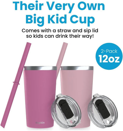 CUPKIN Stainless Steel Insulated Tumbler with Lid and Straw, 20 oz Stainless Steel Cups, Set of 2 Travel Coffee Mug for Adults, Iced Coffee Cup with Lid, Tumbler for Travel (Coral + Yellow)