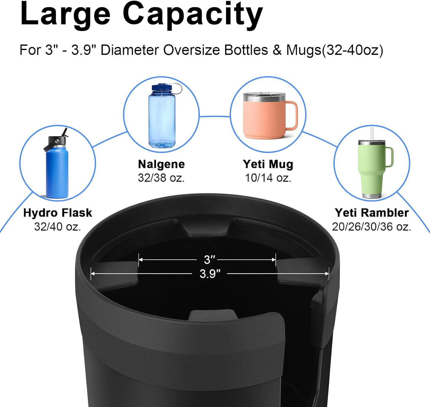 Car Cup Holder Expander, Large Cup Holder Extender for Car with Adjustable Base, Water Bottle Holder Adapter Fits Yeti, Hydro Flask 24/32oz, Big Water Bottles in 3"-3.9", Black