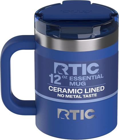 RTIC 12oz Essential Mug with Lid and Handle, Ceramic Lined, Insulated, Stainless Steel, Metal, Double Wall Vacuum-Insulation, Portable, Travel Cup for Hot and Cold Drink, Beach