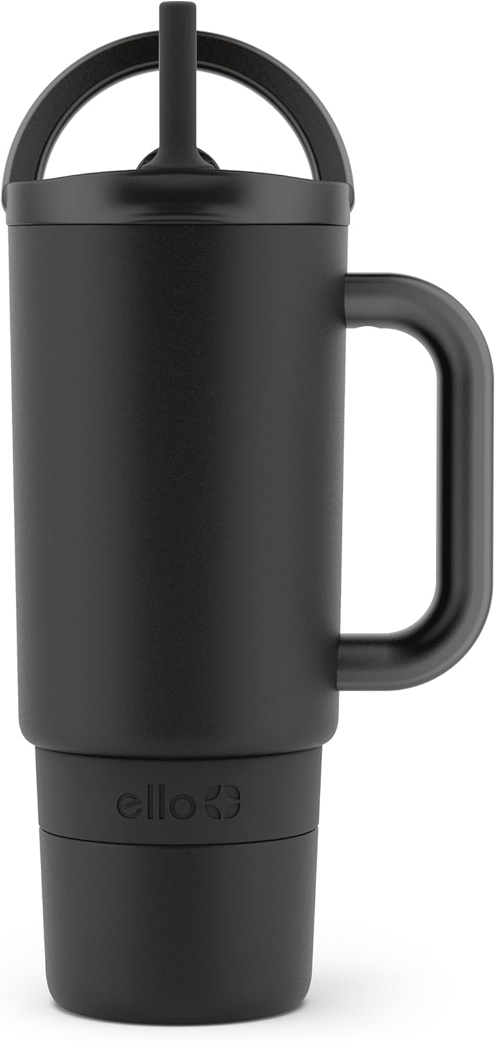 Ello Port 40oz Tumbler with Carry Loop & Integrated Handle, Vacuum Insulated Stainless Steel Reusable Water Bottle, Travel Mug with Leak Proof Lid & Straw, Perfect for Iced Coffee & Tea, White