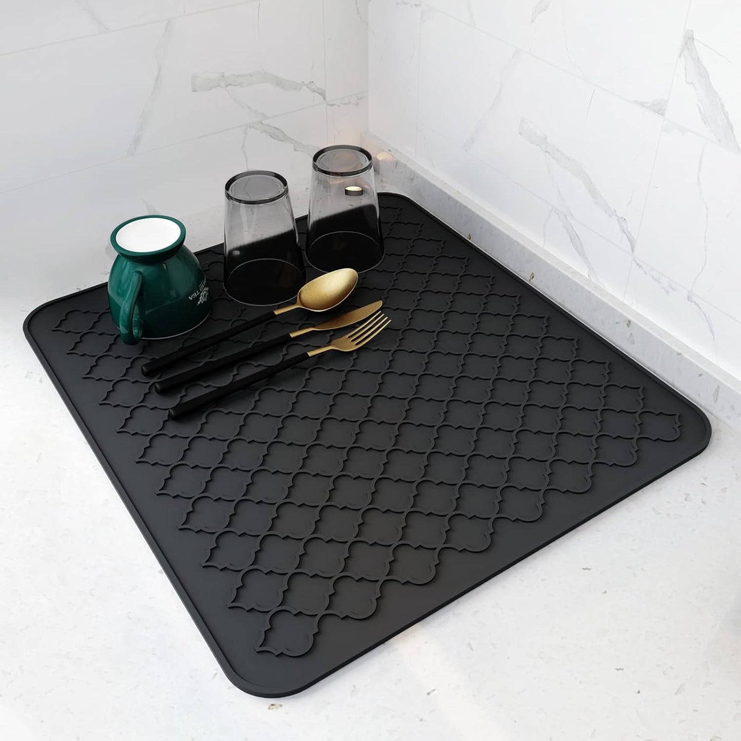 AMOAMI-Dish Drying Mats for Kitchen Counter-Silicone Dish Drying Mat-Kitchen Dish Drying Pad Heat Resistant Mat-Kitchen Gadgets Kitchen Accessories Kitchen Small Appliances(12" x 16", BLACK)