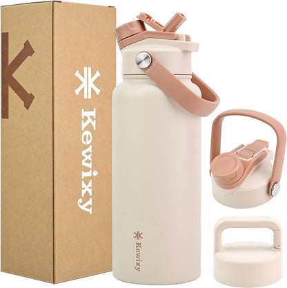 KEWIXY 32 oz Insulated Water Bottle, 2-in-1 Lid, Straw & Spout with Protected, Leak Proof, Keep Cold, Stainless Steel, Metal, Reusable, Handle, for Outdoor, Gym and School, 2 Lids, Blush Pink