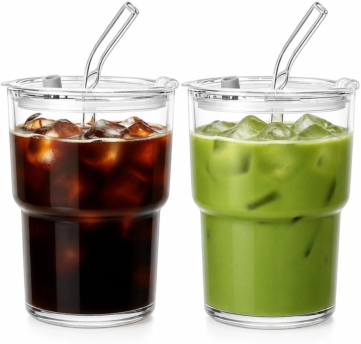 Ribbed Glass Tumbler with Lid and Straws, Resuable Ice Coffee Cups, To Go Iced Coffee Cups for Water, Smoothie, Matcha, Iced Tea Fruit Juice, Clear, 13oz, Set of 2