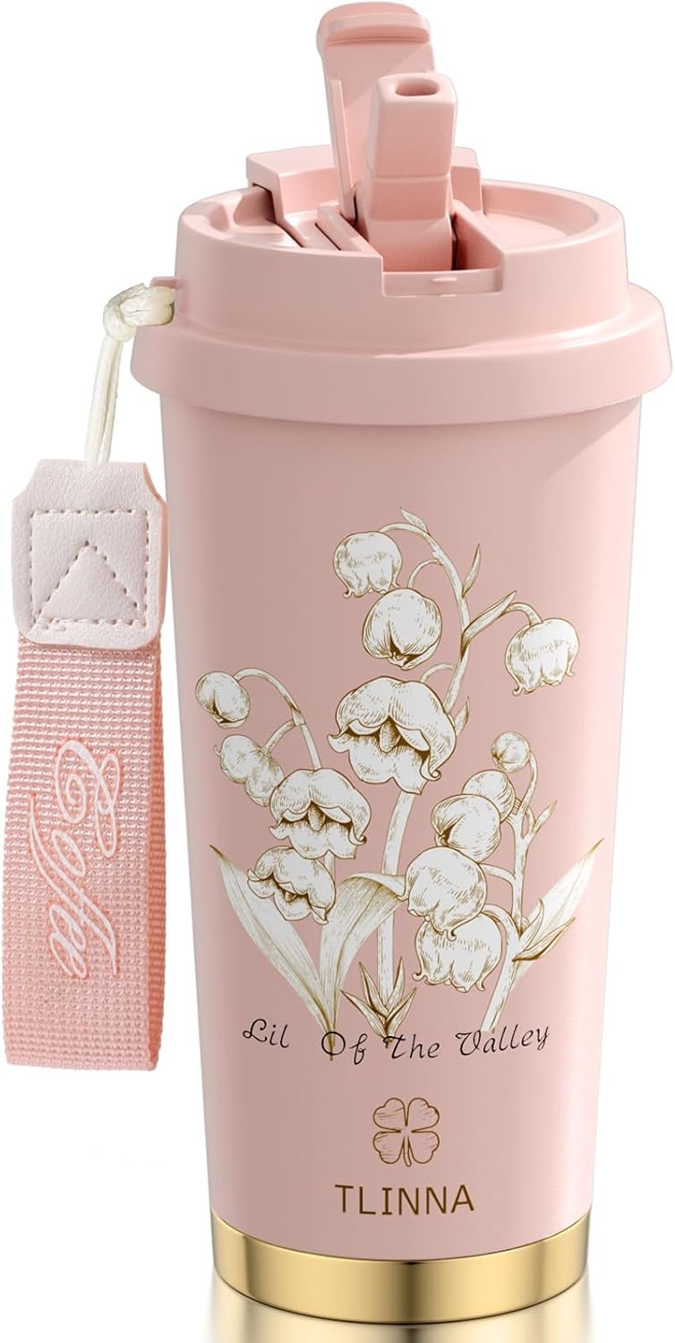 [2-IN-1 LID] Travel Mug,Coffe mug,Coffe cup,Ceramic coating Lined,316 Stainless Steel,BPA Free,Vacuum Insulated Tumbler for Water, Iced Tea or Coffee, Smoothie and More (Peony-White, 18 Onuces)