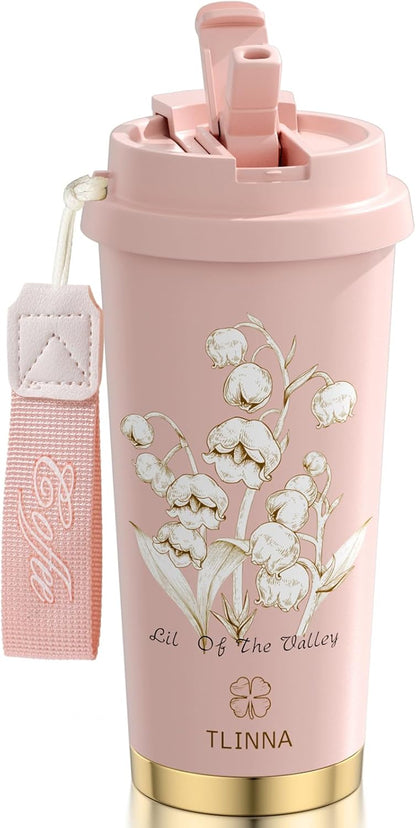 [2-IN-1 LID] Travel Mug,Coffe mug,Coffe cup,Ceramic coating Lined,316 Stainless Steel,BPA Free,Vacuum Insulated Tumbler for Water, Iced Tea or Coffee, Smoothie and More (Peony-White, 18 Onuces)